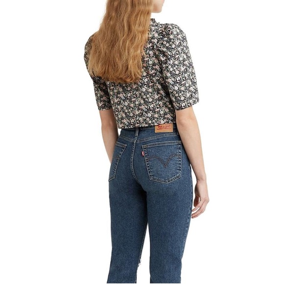 LEVIS Womens Black Ruffled Buttoned Elbow Puff Sleeves Floral Square Neck Blouse - Picture 2 of 10